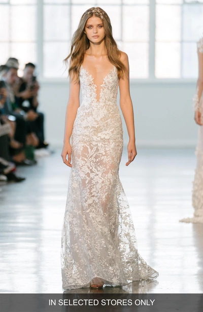 Berta Beaded Lace Spaghetti Strap Gown In Ivory