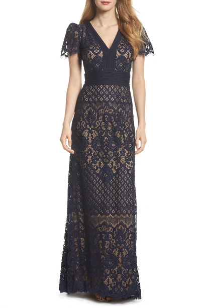 Tadashi Shoji Jessamyn Lace V-neck Gown In Navy/ Nude | ModeSens