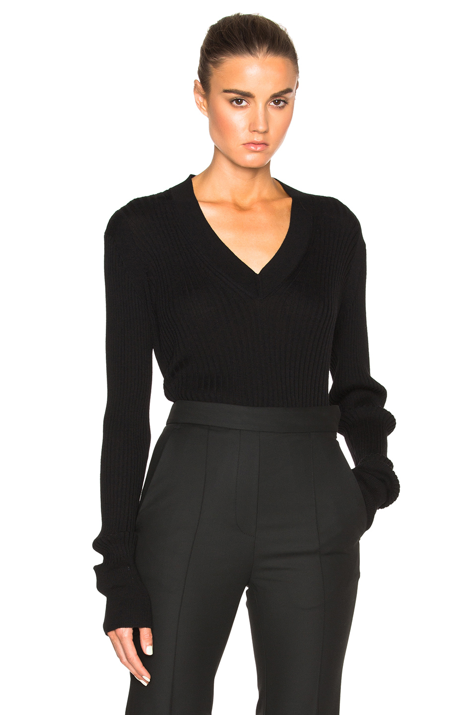 Maison Margiela Rib Knit V Neck Sweater In Black | ModeSens