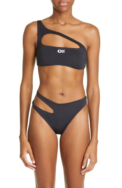 Off-white Cutout Logo One-shoulder Two-piece Swimsuit In Black White