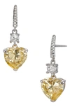 Savvy Cie Jewels Rhodium Plated Sterling Silver Canary Cz Heart Drop Huggie Earrings In White/canary