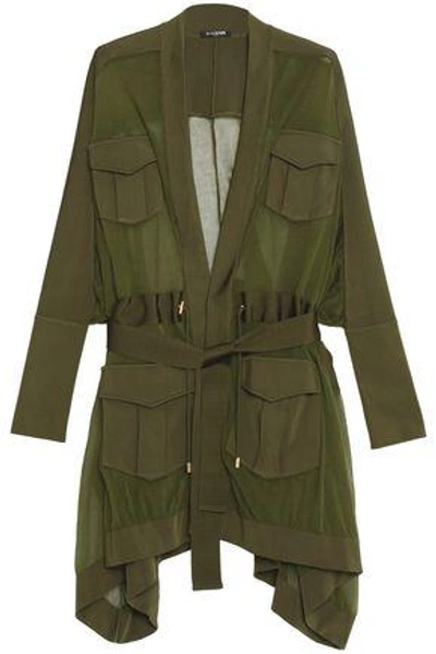 Balmain Belted Draped Chiffon Cardigan In Army Green