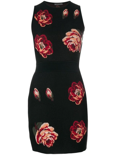 Alexander Mcqueen Tapestry Rose-jacquard Sleeveless Sheath Mini Dress In Black/red/green