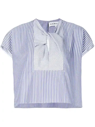Carven Striped Short Sleeve Blouse In Blanc/bleu Nuit