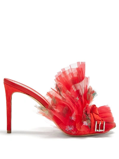 Alexander Mcqueen Floral-print Pleated Organza Mules In Red