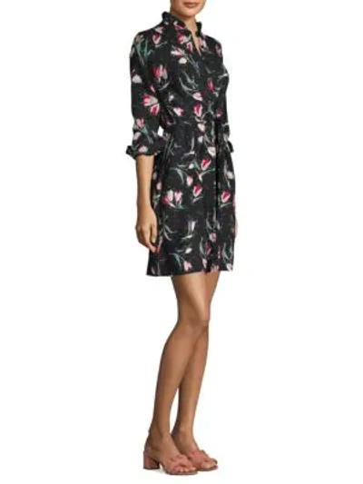 Rebecca Taylor Long-sleeve Button-front Tie-waist Floral-print Dress In Black Combo