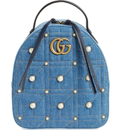 Gucci Gg Marmont 2.0 Imitation Pearl Embellished Denim Backpack - Blue In Denim Blue