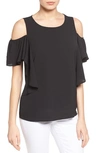 Bobeau Cold Shoulder Ruffle Sleeve Top In Black