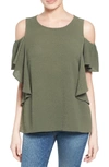 Bobeau Cold Shoulder Ruffle Sleeve Top In Olive Sarma