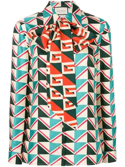 Gucci Geometric Print Blouse With Pussy Bow In Green/multicolor