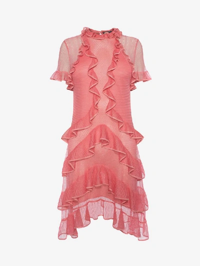 Alexander Mcqueen Short-sleeve Fluid Ruffle On Lace Sheer Mini Dress In Flowerbed