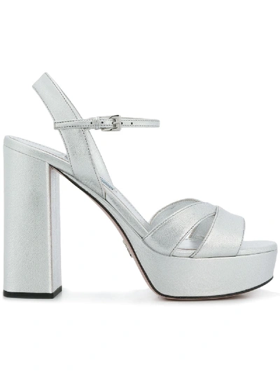 Prada Metallic Textured-leather Platform Sandals In Silver