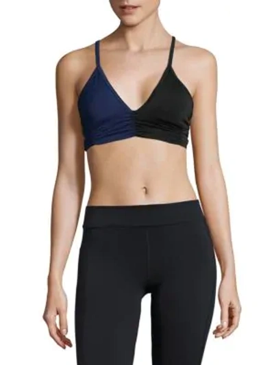 Body Language Floral Printed Ruched Sports Bra In Black Navy