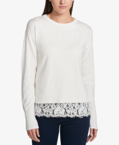 Dkny Perforated Lace-hem Sweater In White