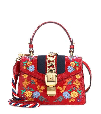 Gucci Mini Sylvie Flower Embroidery Leather Shoulder Bag - Red In Rosso