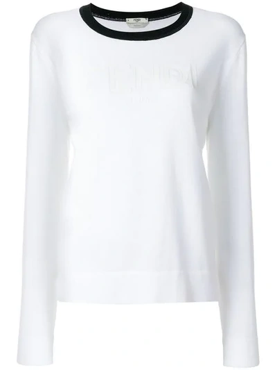 Fendi Long-sleeve Crew-neck Logo Knit Sweater In White