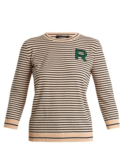 Rochas Striped Crew-neck Logo Knit Sweater In Beige Multi