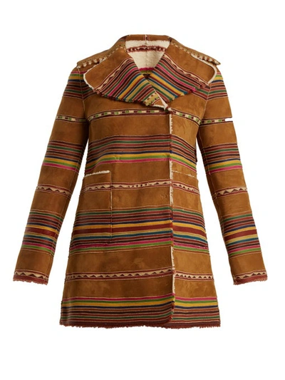 Valentino Reversible Double-breasted Striped Shearling Coat In Beige Multi