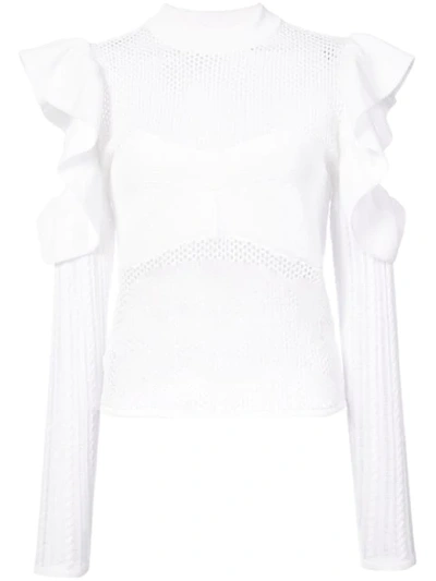 Self-portrait Frill Cold-shoulder Open-knit Top In White