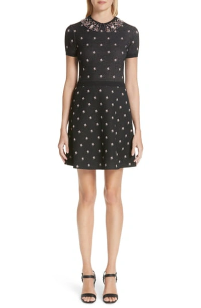 Valentino Embellished Collar Floral Jacquard Dress In Black