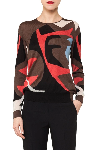 Akris Crewneck Long-sleeve Intarsia Knit Pullover In Maple Multicolor