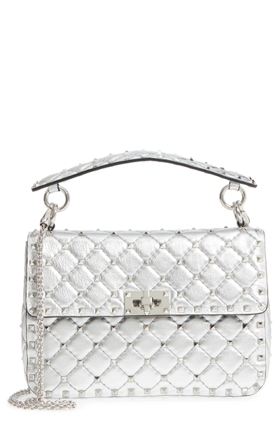 Valentino Garavani Medium Rockstud Spike Metallic Leather Shoulder Bag In Silver