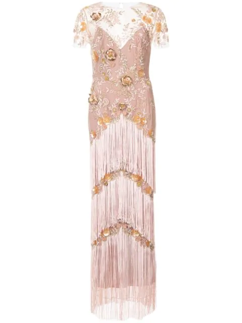 Marchesa Notte Fringed Embroidered Maxi Dress In Pink Modesens