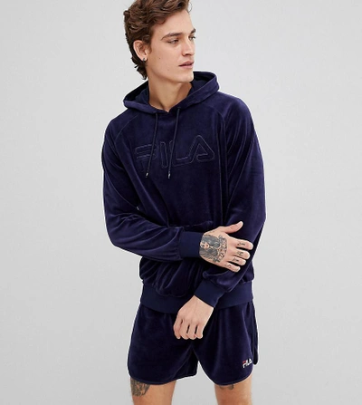 Fila Black Line Velour Hoodie With Embroidered Logo - Navy