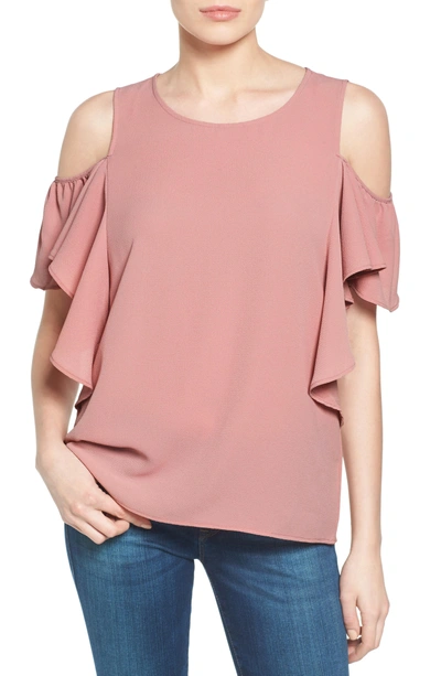 Bobeau Cold Shoulder Ruffle Sleeve Top In Pink