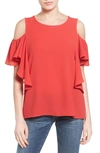 Bobeau Cold Shoulder Ruffle Sleeve Top In Red Saucy