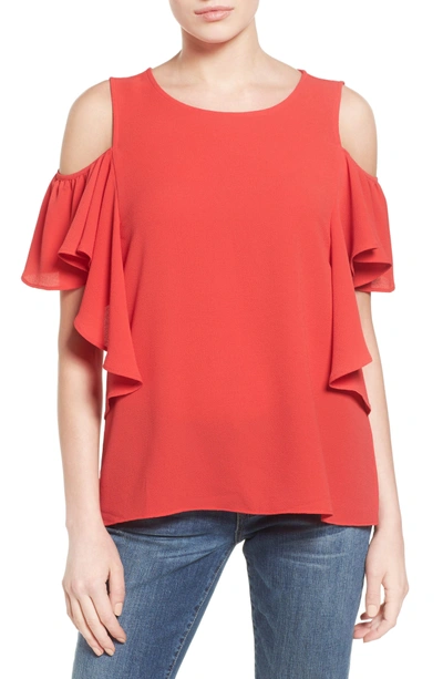 Bobeau Cold Shoulder Ruffle Sleeve Top In Red Saucy