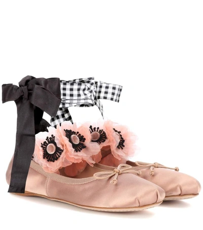 Miu Miu Embellished Satin Ballerinas In Pink