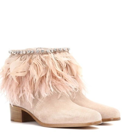 Miu Miu Embellished Suede Ankle Boots In Pink