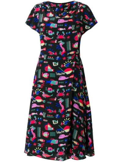 Emporio Armani Sea Print Midi Dress In Black