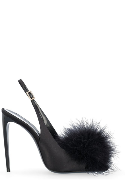 Saint Laurent Women's Mae Slingback Sandals In Crepe Satin With Feathers In Black