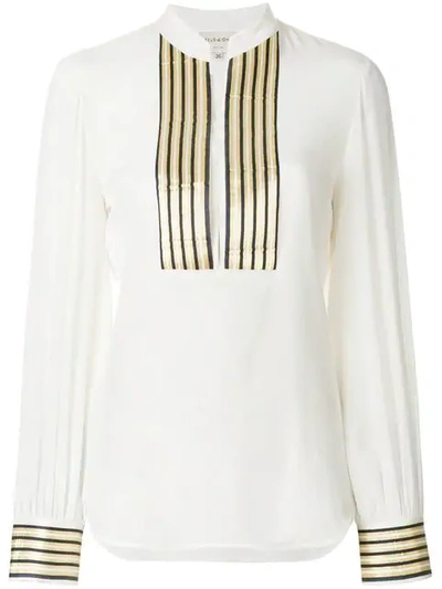 Zeus + Dione Mandarin Collar V-neck Silk Blouse In White