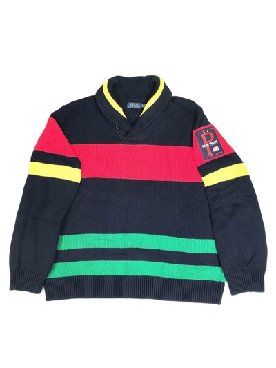 Pre-owned Polo Ralph Lauren Xxl 12 M 1967 Yacht Challenge Cotton Striped  Shawl Sweater In Navy / Green / Red / Yellow | ModeSens