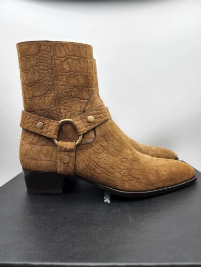 Pre-owned Saint Laurent Men's Wyatt Croc Embossed Harness Boots Land 41 Eu/ 8 Us In Brown