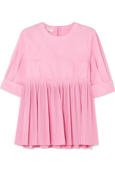 Cedric Charlier Pleated Cotton-blend Peplum Blouse In Pink