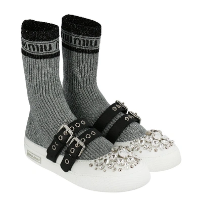 Miu Miu Lurex Knit Hi-top Sneakers In Argento+nero (black)