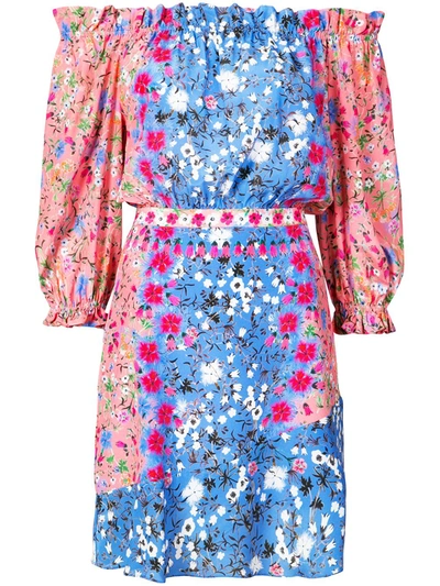 Saloni Grace Off-the-shoulder Floral-print Silk Mini Dress In Foxglove