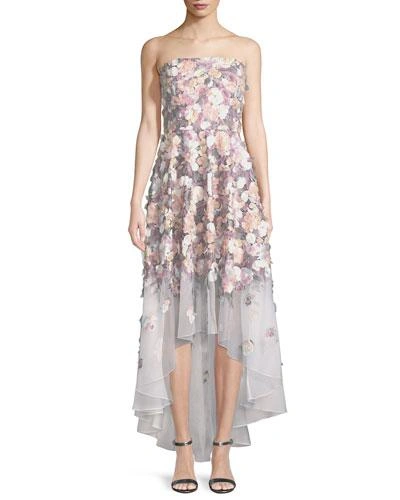 Badgley Mischka Floral-embroidered Strapless High-low Gown In Pink