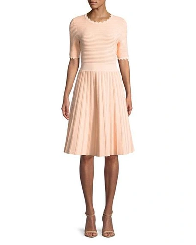 Lela Rose Half-sleeve Scalloped Knit Dress In Blush