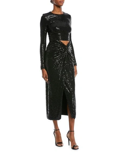 Michael Kors Sequined Cutout Long-sleeve Cocktail Dress In Black