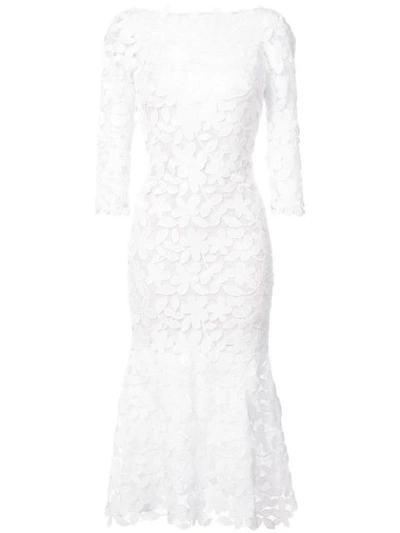 Oscar De La Renta 3/4-sleeve Lace Midi Dress In White