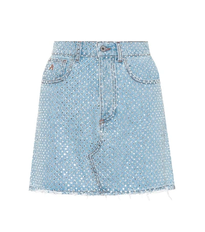 Attico Stone-washed Denim Skirt With Bonded Crystals