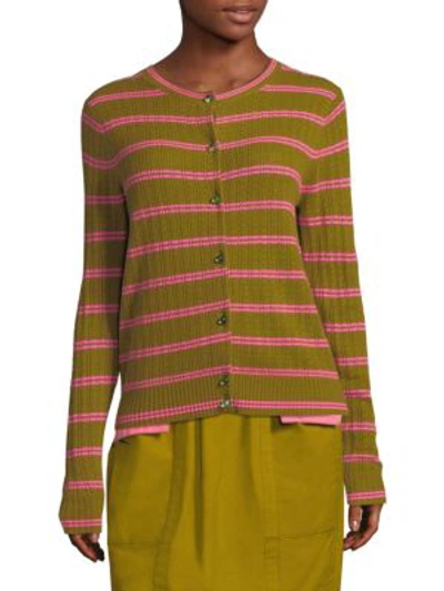 Marc Jacobs Striped Knit Cashmere Cardigan In Dark Green
