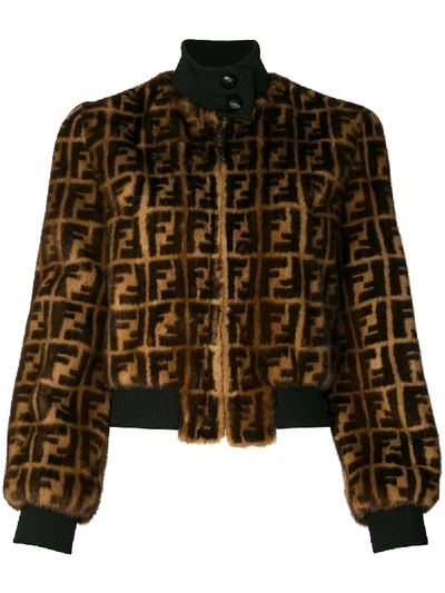 Fendi Ff Monogram Logo Fur Zip-front Jacket In Brown
