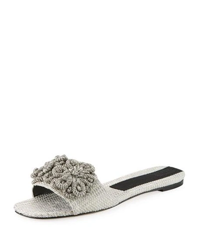 Sanayi313 Flat Metallic Woven Slide Sandal With Floral Embroidery In Silver