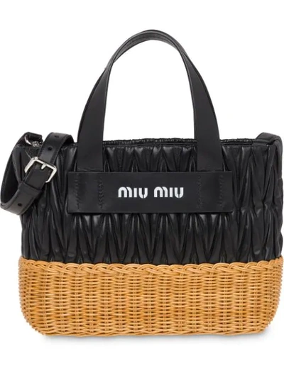 Miu Miu Matelasse Leather & Wicker Tote Bag In Black